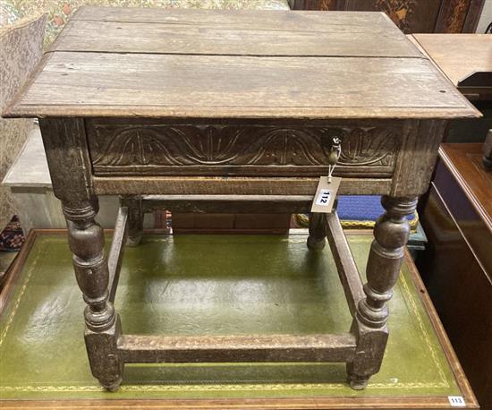 A 17th/18th century carved oak side table, fitted drawer, width 70cm, depth 53cm, height 67cm